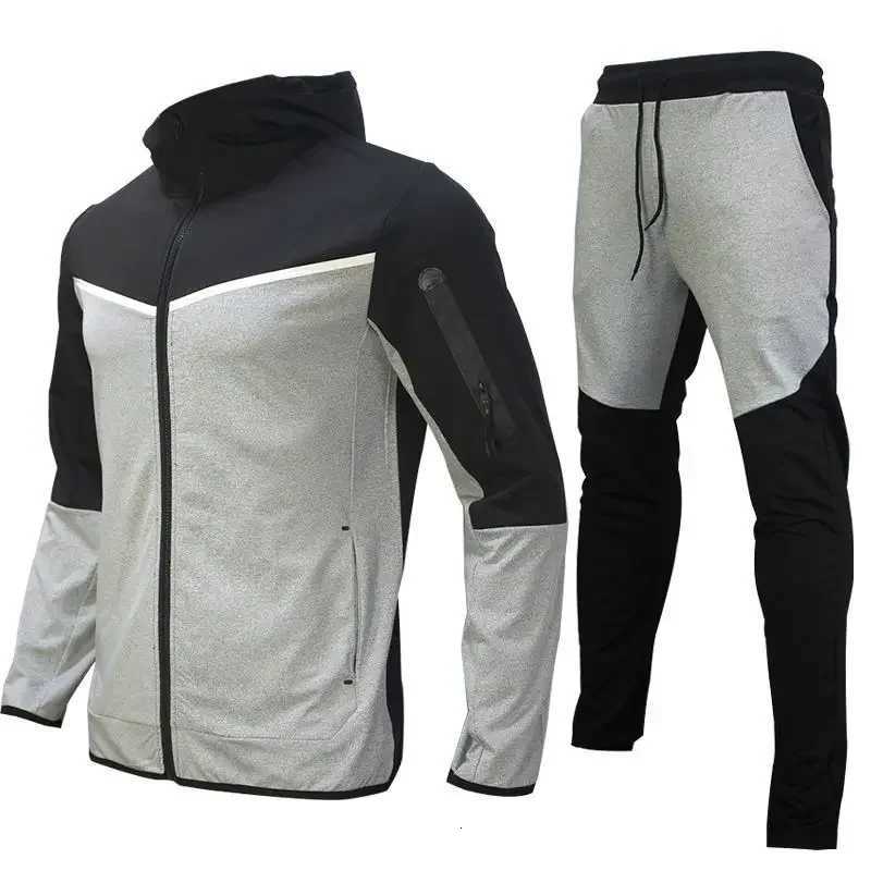 Mens Autumn-Winter Full Set with Hood Sports Jacket Sweatshirt Long Sleeves Pants Color-blocked Open Cardigan Tight Hoodie Suit XJ250731