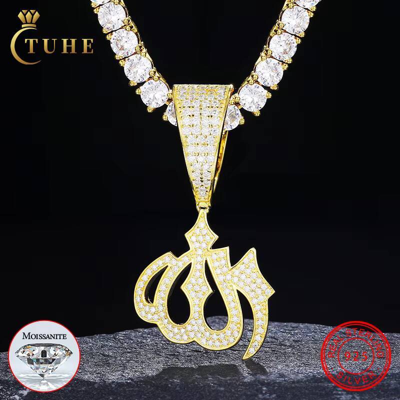 Believer Keepsake Big Buckle 925 Sterling Silver Full Pave VVS Moissanite Diamond Iced Out Allah Pendant With Rope Chain