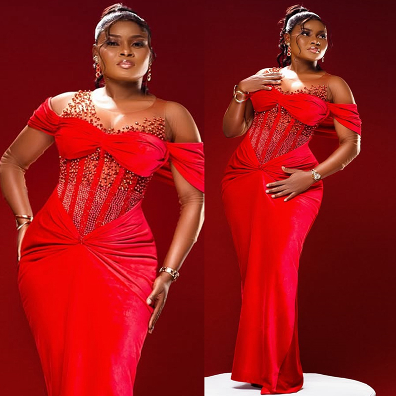 2025 Aso Ebi Red Evening Dresses For Black Women Prom Formal Gowns Sheer Neck Pearls Beaded Long Sleeves Pleated Birthday Dress Second Reception Gowns