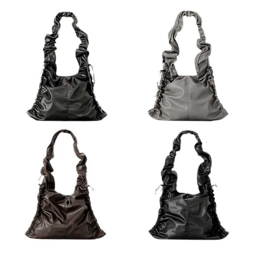 Vintage Ruched Drawsting Women Shoulder Bags Casual Hobos Lady Handbags Pu Leather Underarm Bag Y2K Tote Purses 2024 Y250730