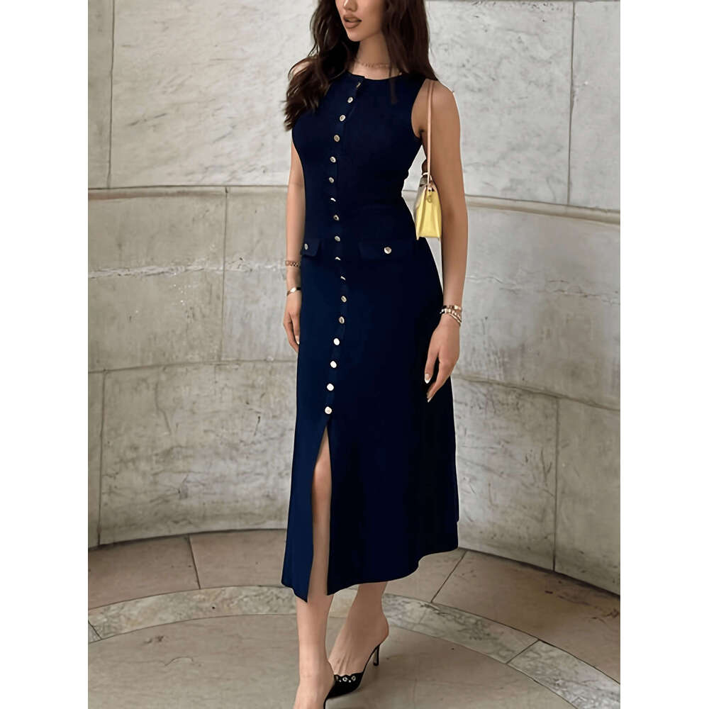 Elegant Women's Knitted Ribbed Long Round Neck Sleeveless Button Slim Fit Dress