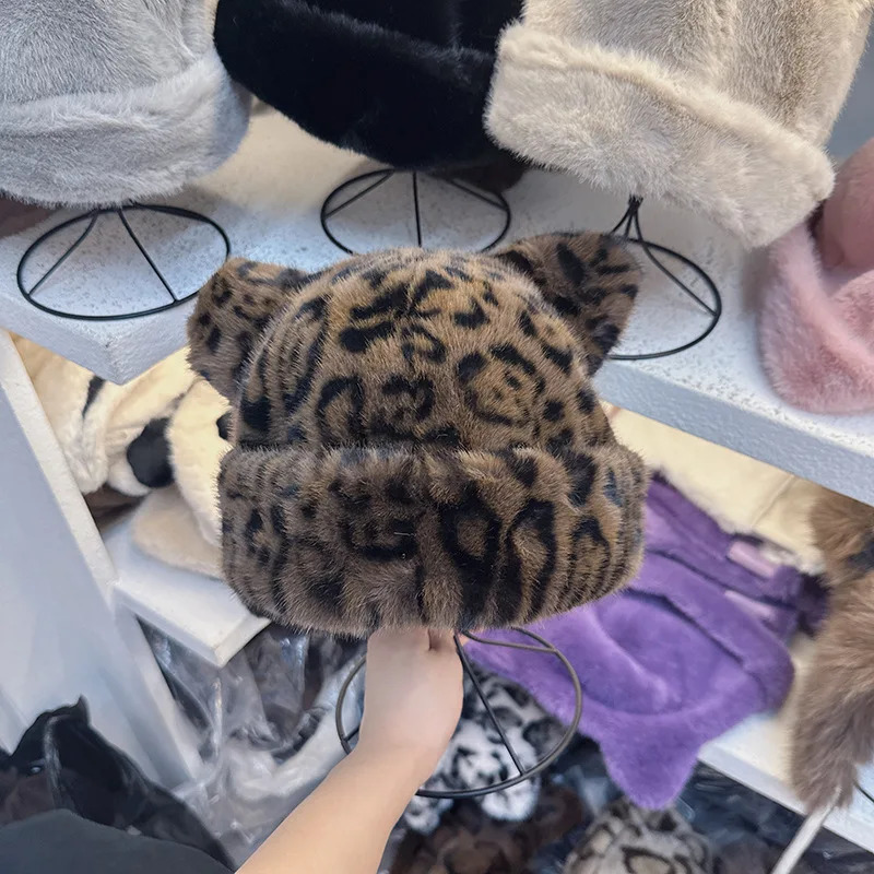 Korean Winter Fur Bucket Hat For Women Fashion Leopard Print Fisherman Hats Thick Warm Plush Outdoor Cute Basin Cap 250724
