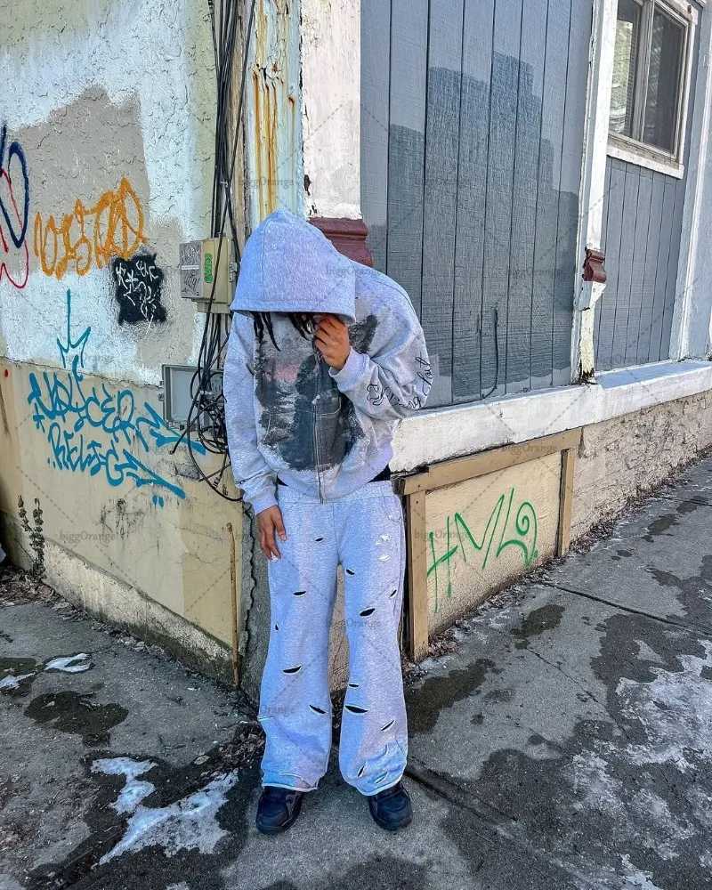 2025 High Street American Retro Streetwear Men Gothic Harajuku Letter Printed Zipper Hoodie Trendy Punk Y2K Oversized Sweatshirt XJ250731