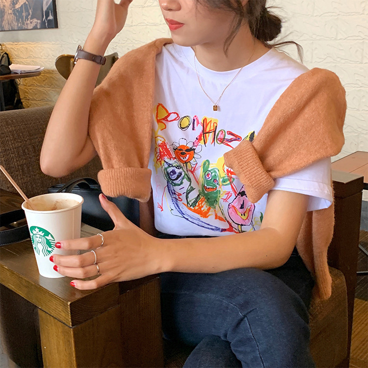 2025 summer new Korean style loose cotton short sleeved T-shirt for women, graffiti printed casual versatile top, base shirt, fashionable new designer