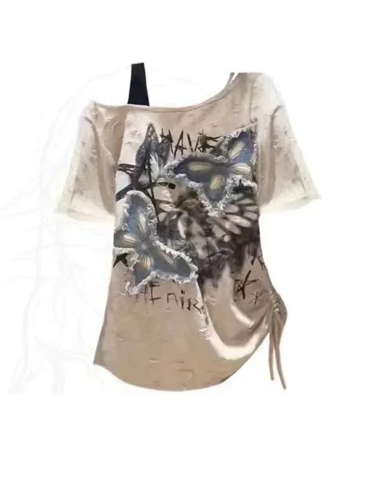HOUZHOU Vintage Graphic Tshirts Women Harajuku Y2k Aesthetic 2000s Oversized Sexy Off Shoulder Short Sleeve Tshirts Grunge 250724