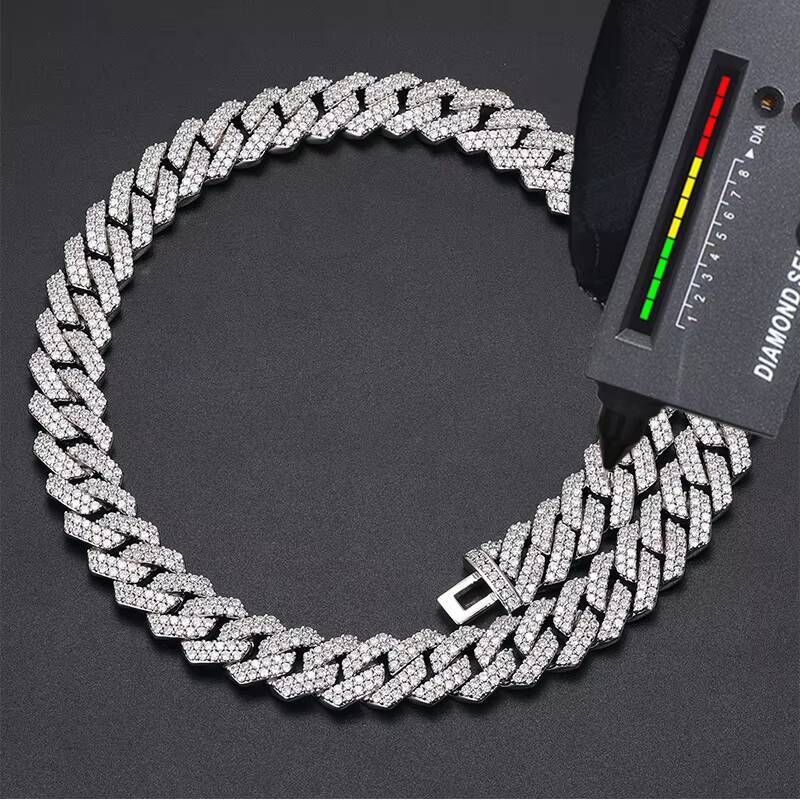 Rock Style Hip Hop Jewelry Mens 14mm 925 Sterling Silver 2 Rows VVS Moissanite Diamond Iced Out Cuban Link Chain Necklace