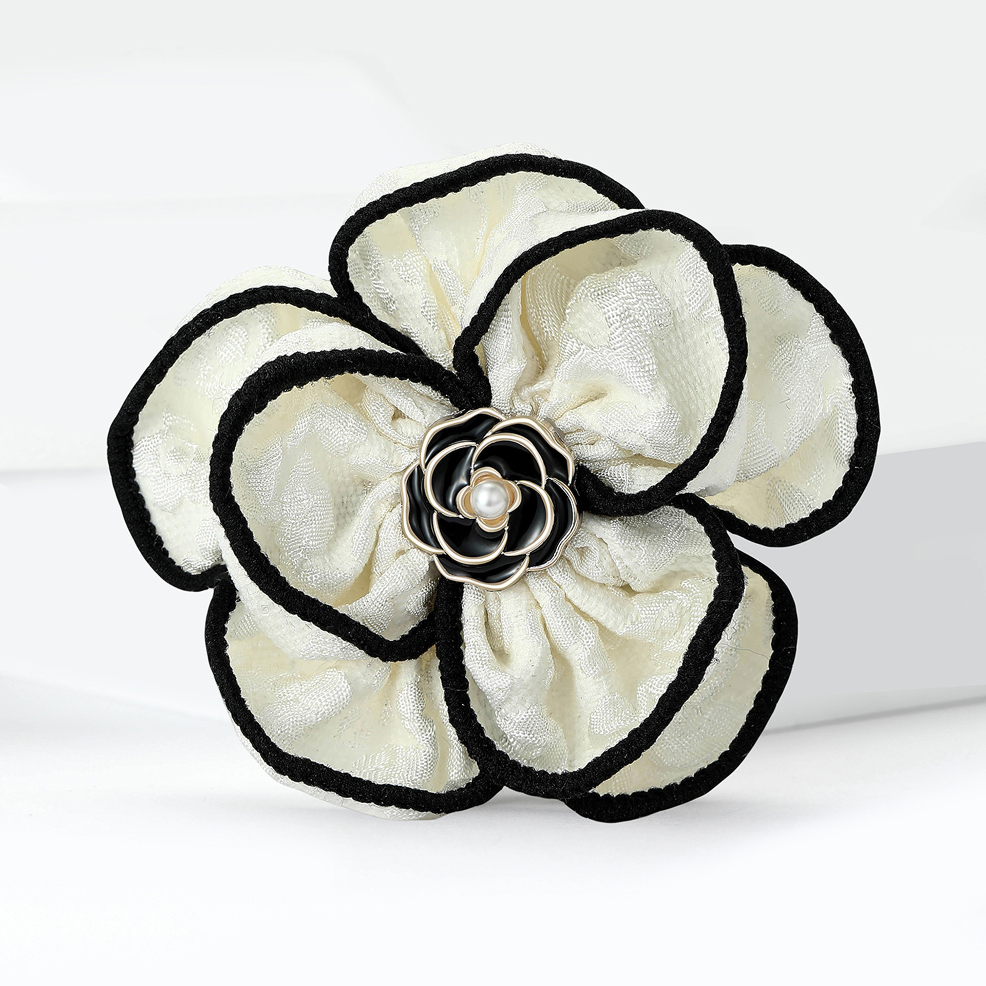 Gold Tone Fabric Flower Brooch With Black Trim, Enamel Center And Pearl Accent Elegant Party Jewelry And Gift For Her High Quality And Stylish Jewelry