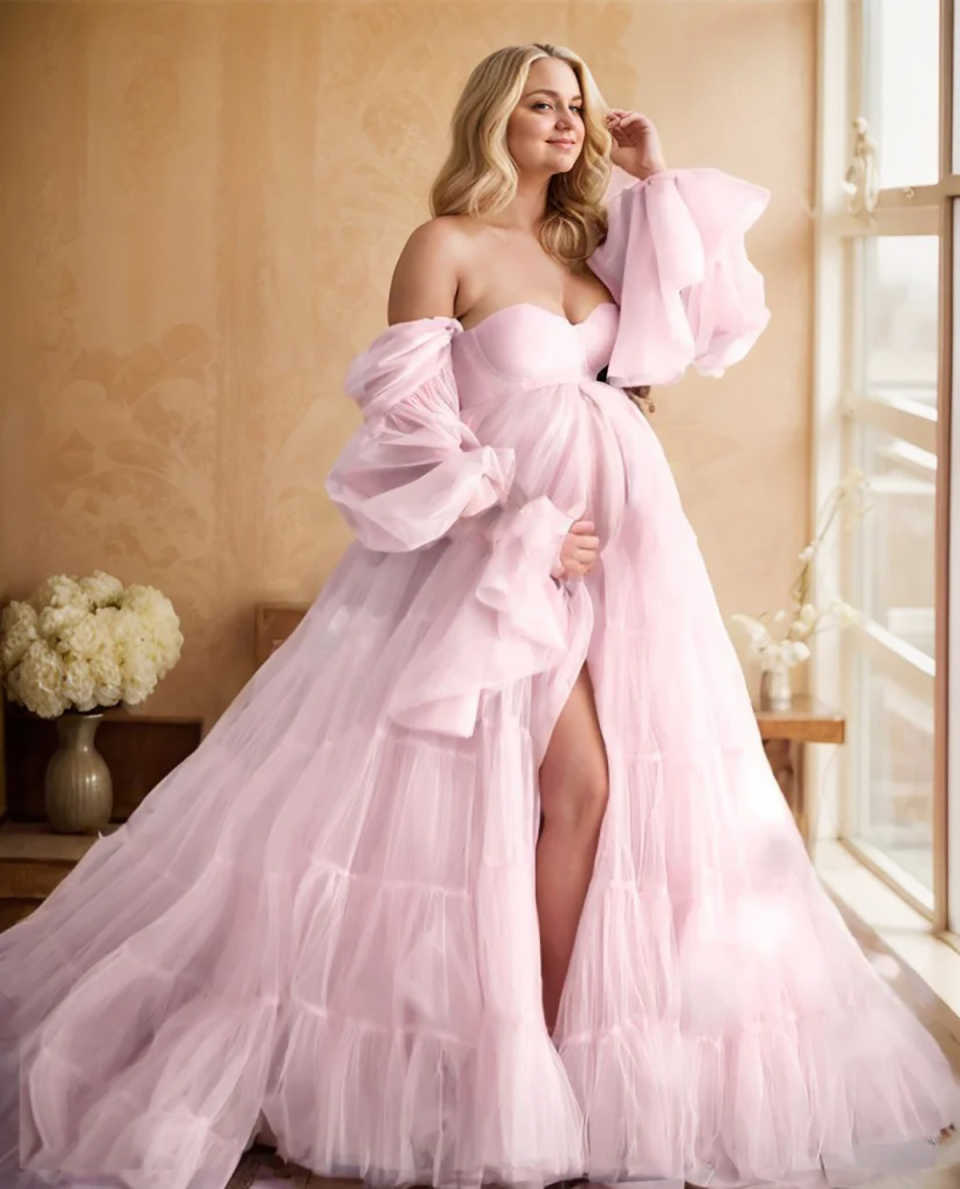 Multi-layer Maternity Dresses For Photoshoot Tulle Strapless Long Sleeves Wedding Bridal Sleepwear BabyShower Gown Customized