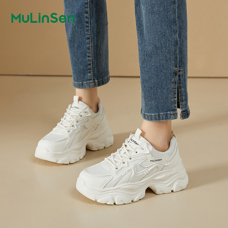 Mulinsen women's shoes 2025 new white sneakers breathable casual sports shoes show small feet summer thick-soled dad shoes