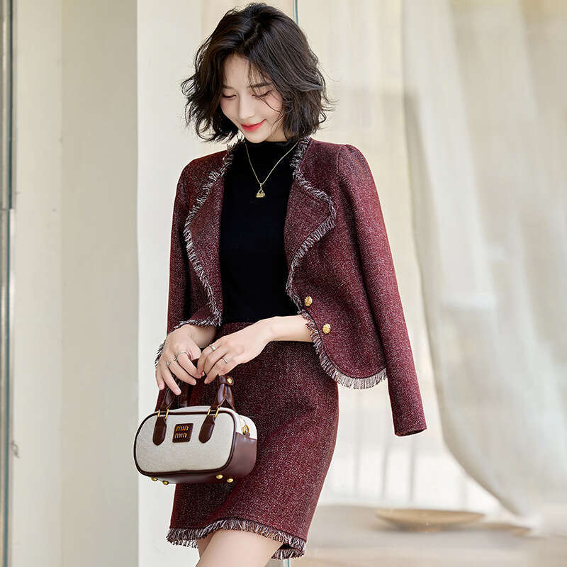 Fashion Casual Suit Autumn New Women's Long Sleeve Elegant Turn-Down Collar Woolen Coat and Skirt Two-Piece Set LT9676