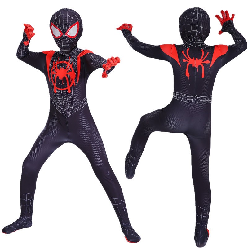 Children's dark night hero style one-piece tight-fitting suit black and red spider web pattern cosplay performance costume