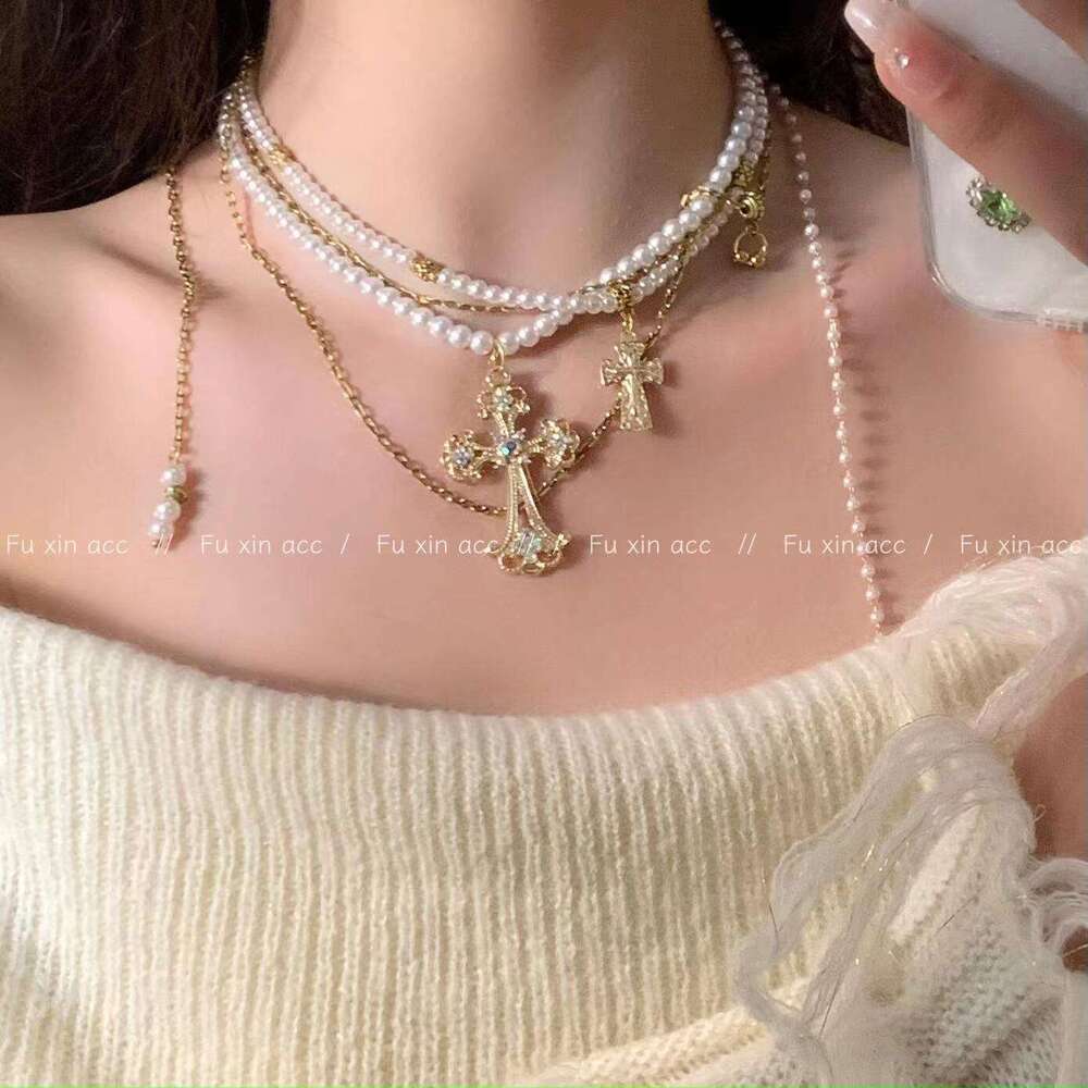 Cross Pearl Necklace 2023 New Sweet Cool Sweater High-end Light Niche Neck Chain Accessory 449