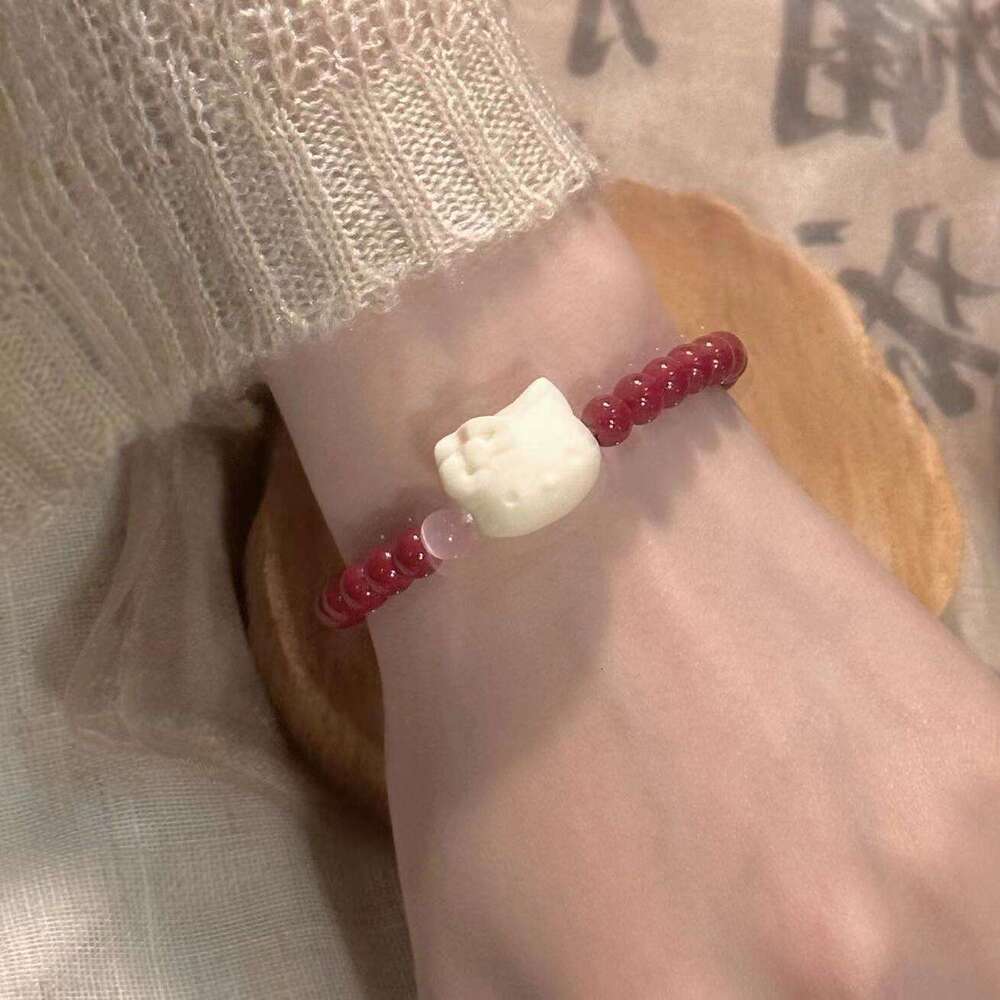 Chinese National Style Cinnabar with Red Bodhi Beads Cute Kitty Cat Stacking Bracelet 070