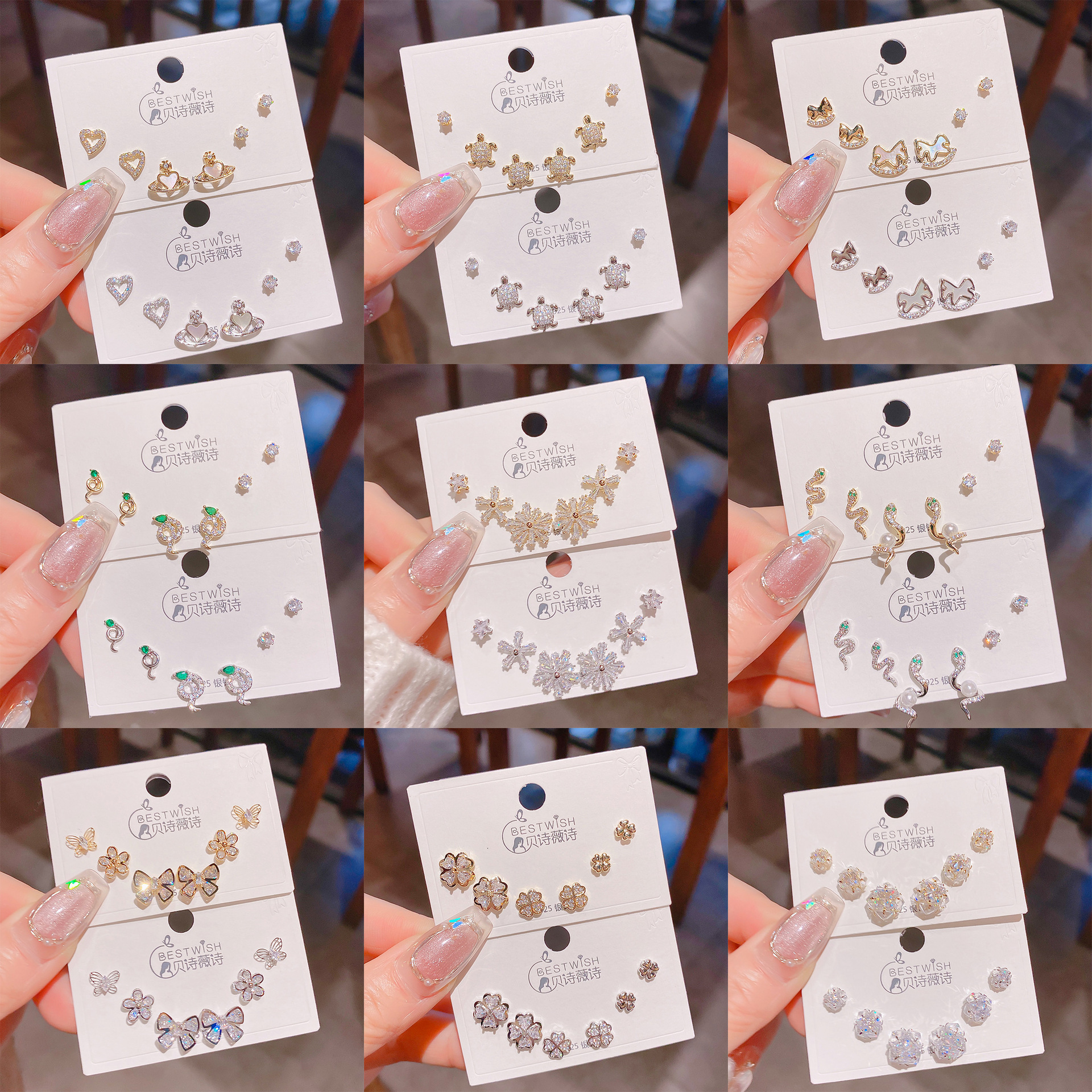 Free Shipping Designer Luxury Jewelry Silver Needle Thick Gold Plated Exquisite Zircon Small Earrings 6-piece Set Three Pairs High-end Fashion Earring