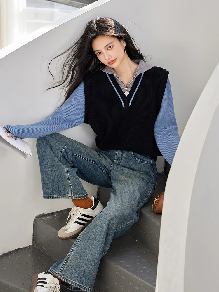Autumn Twopiece Knitted Sweater Women Fashion Temperament Long Sleeve Pullover Knitwear Tops 250730