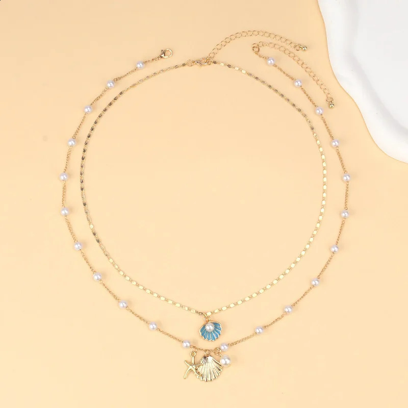 2 Pcs Gold Plated Starfish Shell Pendant Necklace Summer Pearl Necklaces For Women Girls Ocean Beach Jewelry 250716