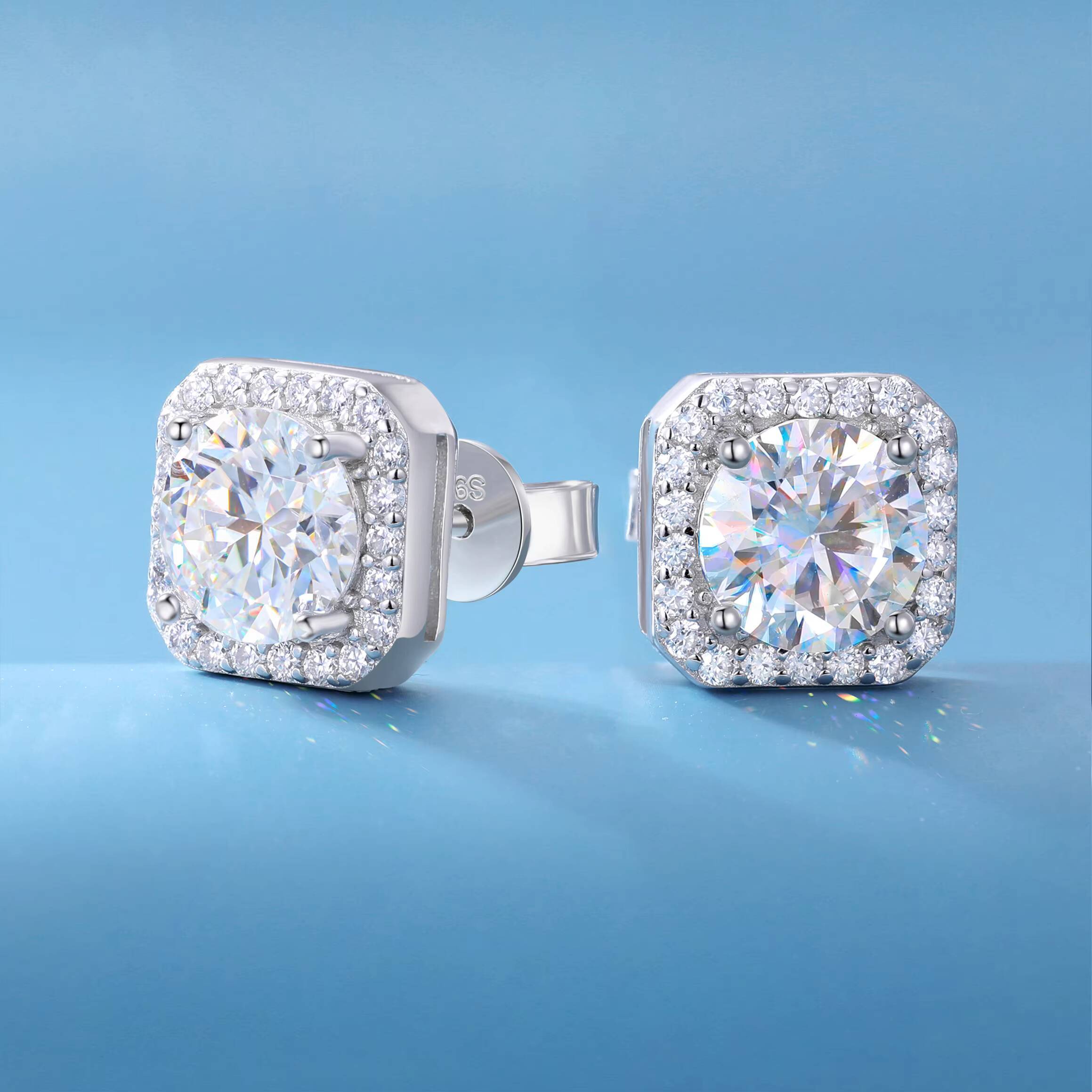 Jewelry 925 Sterling Silver VVS Moissanite Diamond Classic Square Halo Stud Earrings for Men Women