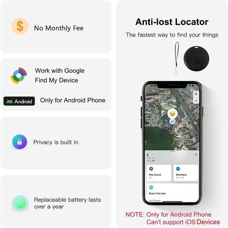 Smart GPS Tracker, Only for Android Phone(Google Find My Device), No Monthly Fee, Real-time Accurate Locator, for Car/Pets/Children/Elderly/Valuables 