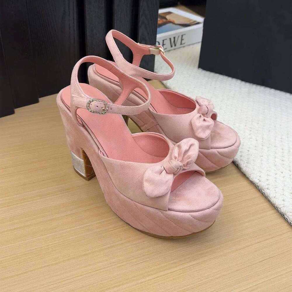 Women Size34-41 Natural Cow Suede Sandals Super High Heels Butterfly Knot Flat Platform Designer Shoes Zapatillas De Mujer f97