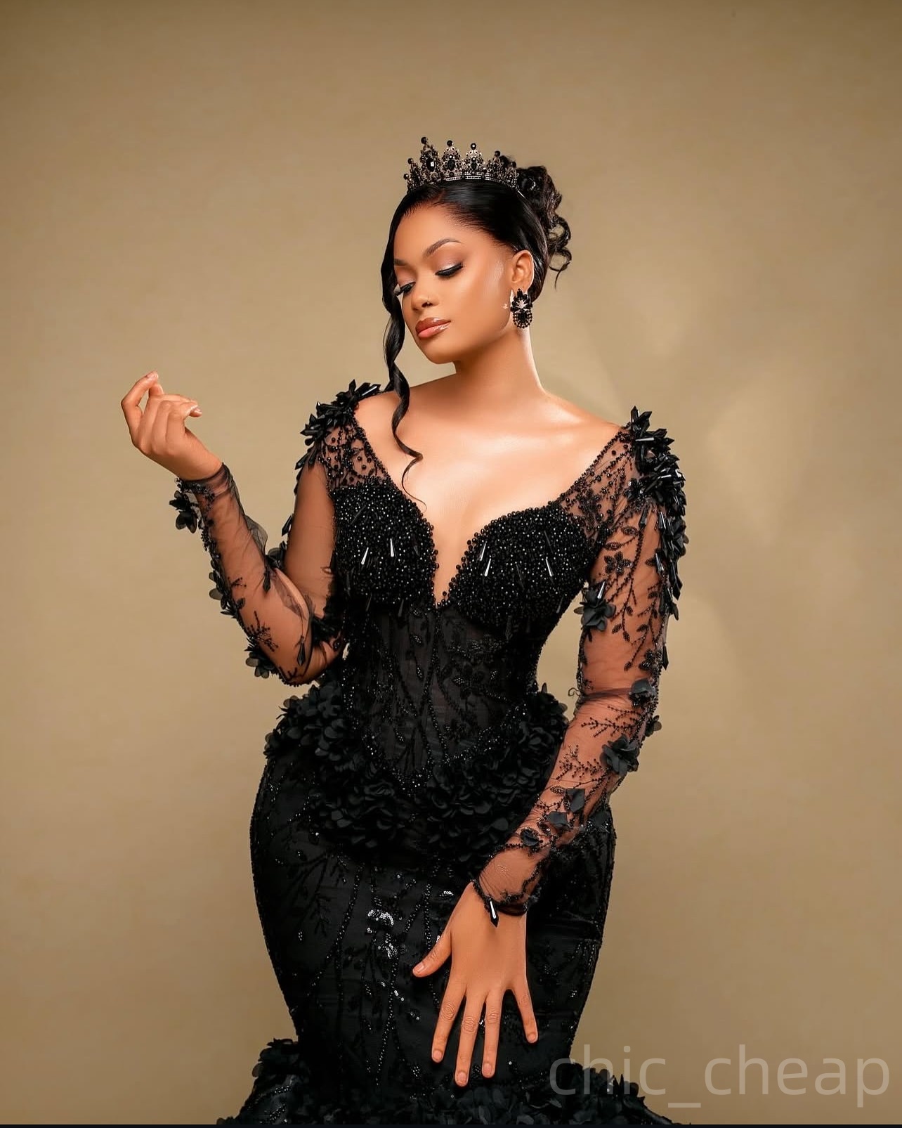 Black Mermaid Prom Dresses 2025 3D Floral Lace Pearls Full Sleeves Evening Formal Party Second Birthday Engagement Gowns Plus Size Dress For Special O