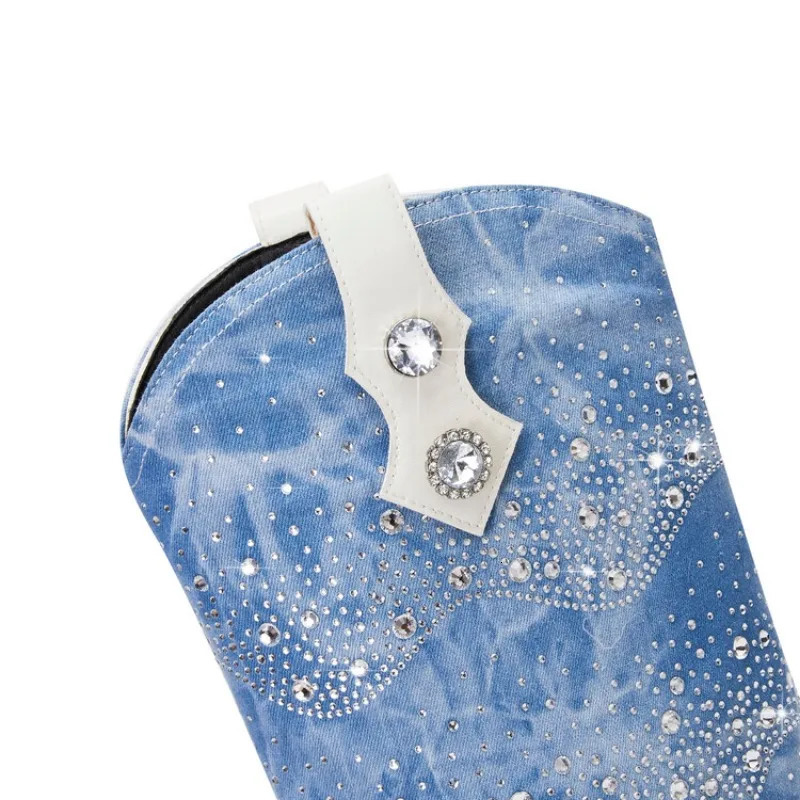 Internet Celebrity Rhinestone Denim Chelsea Boots Color Pointed 6cm Thick Heel Boots Rural Holiday Womens Shoes 35-43 250729