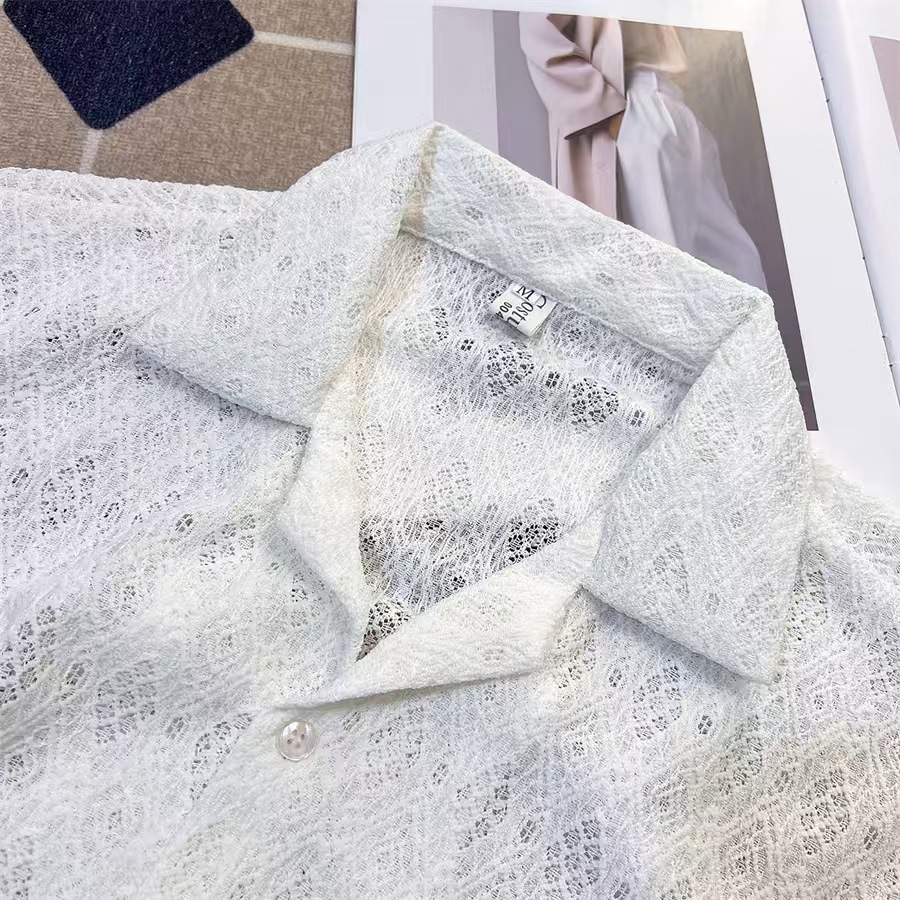 Thin breathable hollowed-out short-sleeved shirts for men and women, Korean advanced sense, Cuba collar five-point sleeve shirt, summer shirt