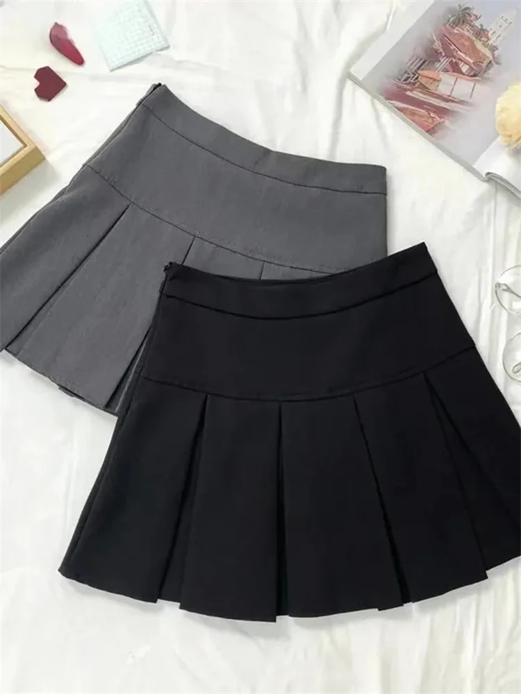 Vintage Gray Pleated Skirt Women Kawaii High Waist Mini Skirts Korean Fashion School Uniform Harajuku Streetwear Spring 250730