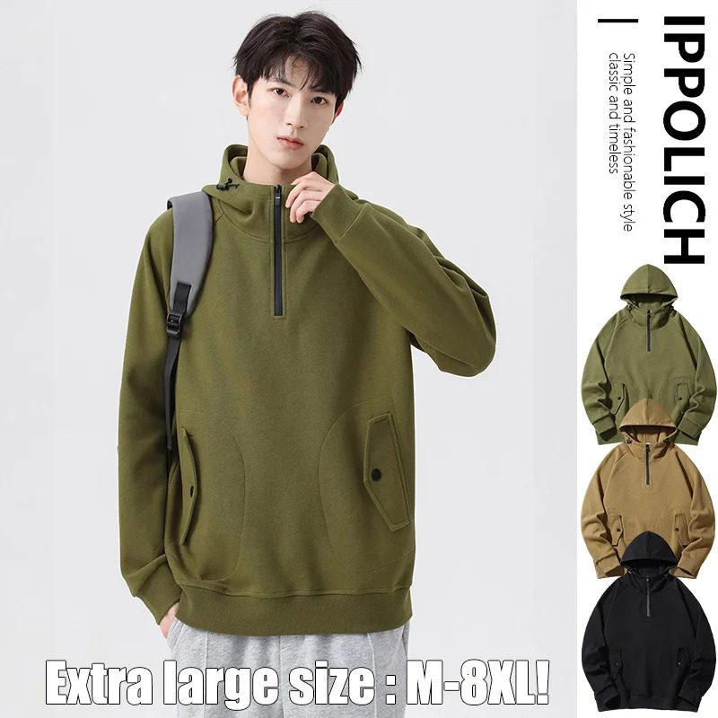 Men Sweatshirts Cotton Hooded Oversized 6XL 7XL 8XL Plus Size Casual Half Zipper n Autumn Y2K Hoodies Pullovers Streetwear 250731
