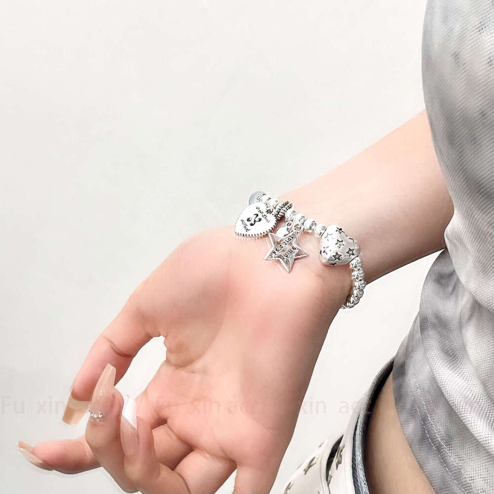 Korean Style Sier Heart Star Beaded Bracelet for Women, Light Niche Exquisite Design, High-end Fashion Versatile Jewelry ca1