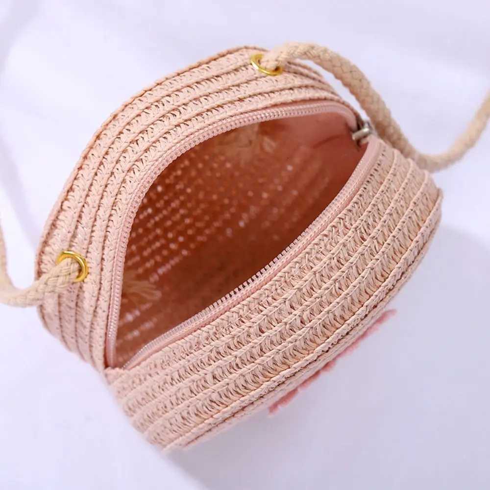 Round Straw Bag Women Woven Crossbody Beach Bag for Ladies Cute Rattan Handmade Knitted Shoulder Bag Candy Color Small Handbag Y250730