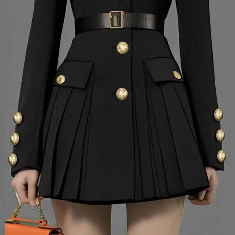 Quality 2025 Spring Autumn Single Breasted Golden Button Long Full Sleeve Blazer Suit Coat Pleated Short Dresses Women dongdumaoyi