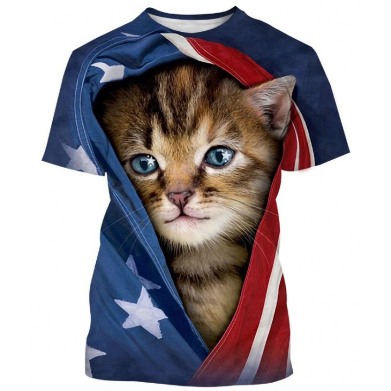 2025 Europe and America Hot selling Women's S Round Neck D Cartoon Cat Digital Printed Short Sleeve New T-shirt New Designer T-shirt