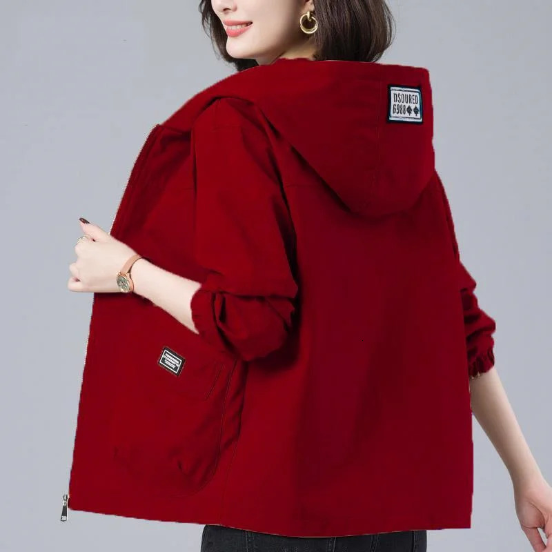Spring Autumn Womens Jackets Long Sleeve Windbreaker Middle-Aged Mothers Coat Hooded Short Jacket Loose Outwear 250728