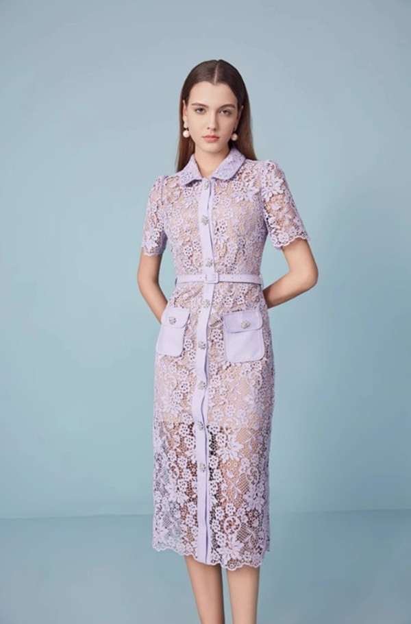 Summer New Elegant Purple Hollow Hot Diamond Button Midi Dress Water-Soluble Lace Dress Party Summer Resort Wear Office Women Clothing 6116474