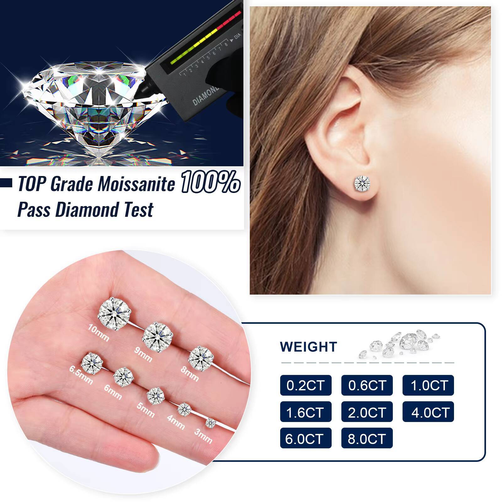 Push Back 0.1ct-4ct Classic 4 Prong Moissanite Stud Earrings White Gold 925 Sterling Silver VVS Mossanite Diamond Men Women
