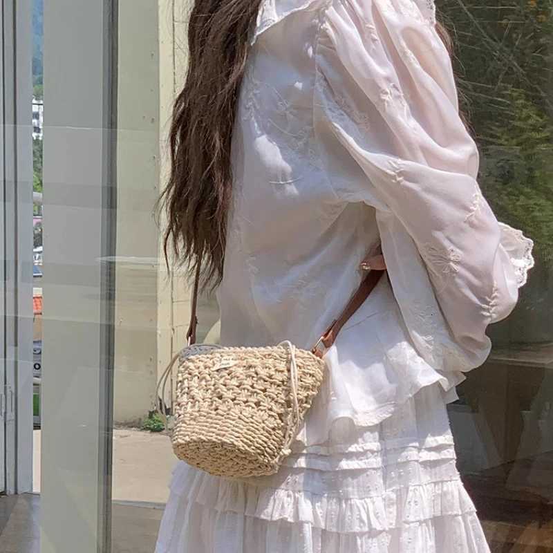 Summer Vacation Womens Straw Woven Shoulder Bags Casual Beach Ladies Small Bucket Handbags Female Drawstring Crossbody Bag Y250730