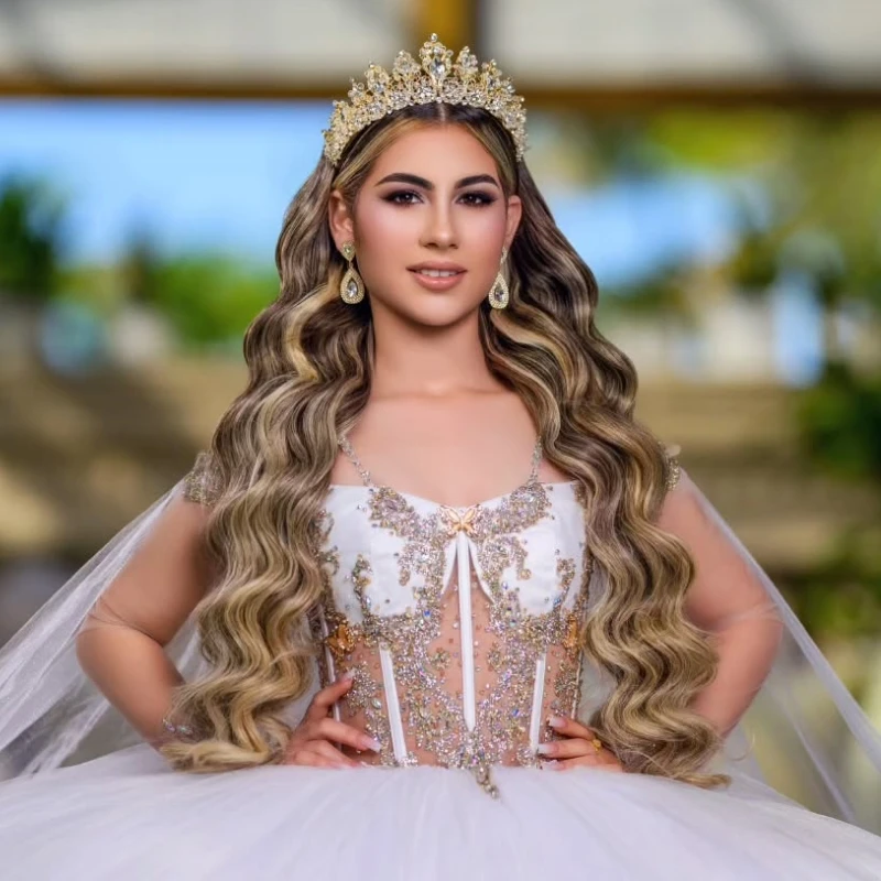 White Quinceanera Dresses Ball Gown Off The Shoulder Applique Lace Beads Tull With Cape Party Birthday Sweet 16 Vestidos 15 De Anos