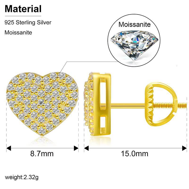 Factory Wholesale Moissanite Jewelry Round Brilliant Cut 925 Sterling Silver Heart Shape Stud Earrings Valentines Day Gift