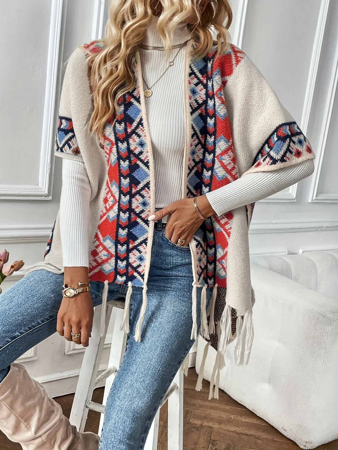Womens Spring Fall Fashion Tassel Cardigan Collar Ethnic Style Retro Outer Cape Knitted Sweater 250730