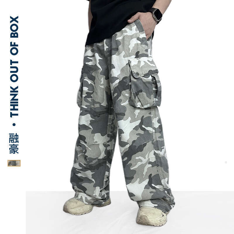 American Camouflage Cargo Washed Vintage Gray White Loose Fit Versatile Trendy Unisex Couple Style Draped Casual Pants B5
