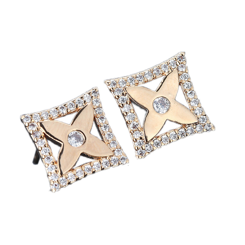 Simple Elegant Socialite Sweet Square Floral Zircon Copper Earrings Jewelry e7644
