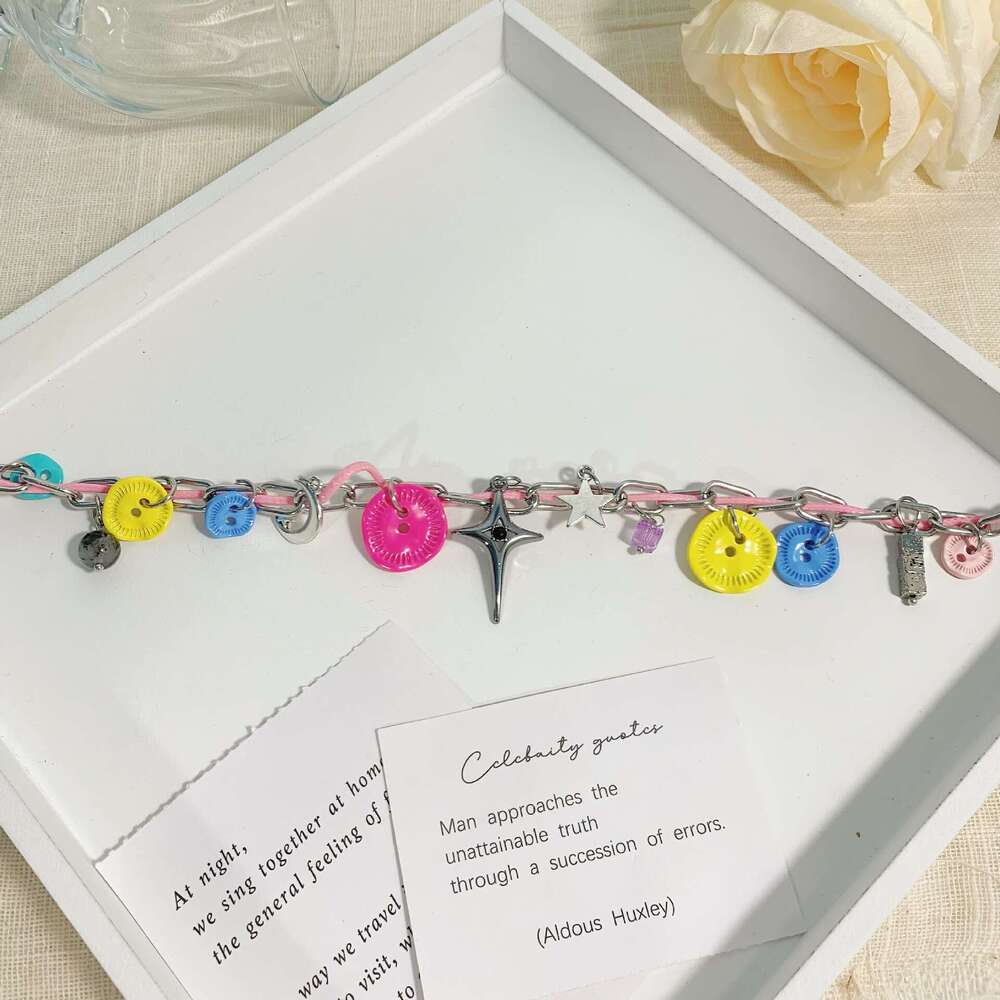 Dopamine Colorful Button Leather Necklace Niche Design Light Collarbone Versatile Neck Chain Student Best Friend Accessory 271