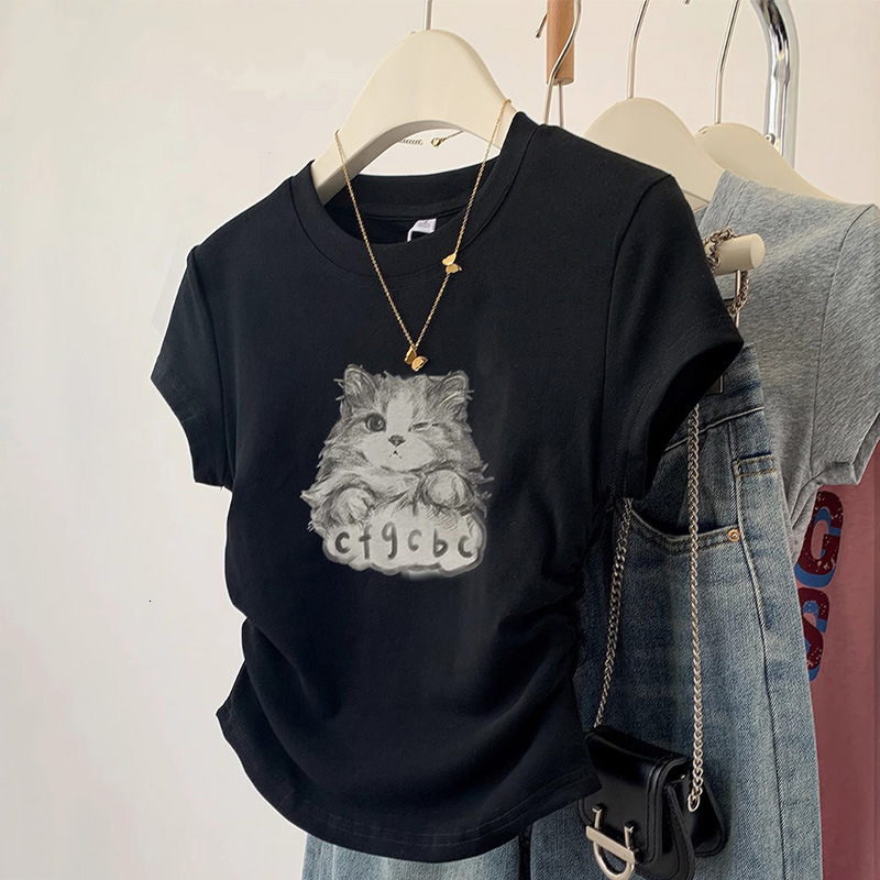 2025 pure cotton black shoulder short sleeved women's T-shirt summer new design sense Niche slim fit short top new designer T-shirt