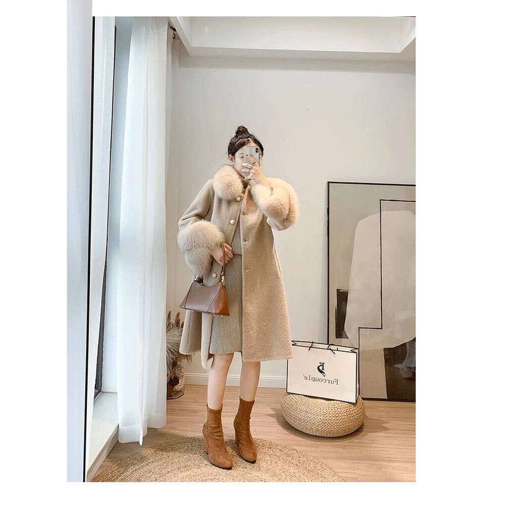 Designer Clothing FURYOUME Long Real Coat For Women Casual Jacket Sheep Shearing Wool Blends Fox Fur Collar Thick Warm Outerwear Winter New Fashion