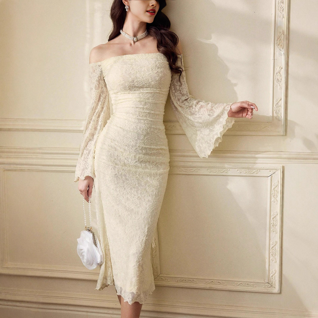 2025 Autumn New Off-Shoulder Lace Flared Sleeve Ruffled Trim Slim Fit Long Dress Gown