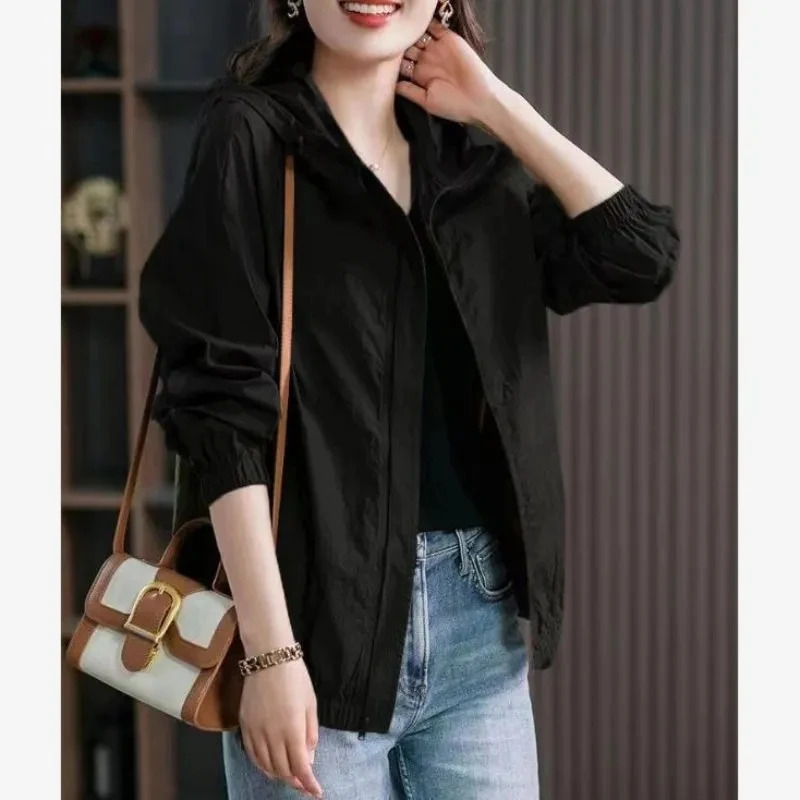 Spring Autumn Thin Women Jackets Casual Short Coats Long Sleeve Solid Hooded Windbreaker Loose Fashion Sunscreen Outwear 250728