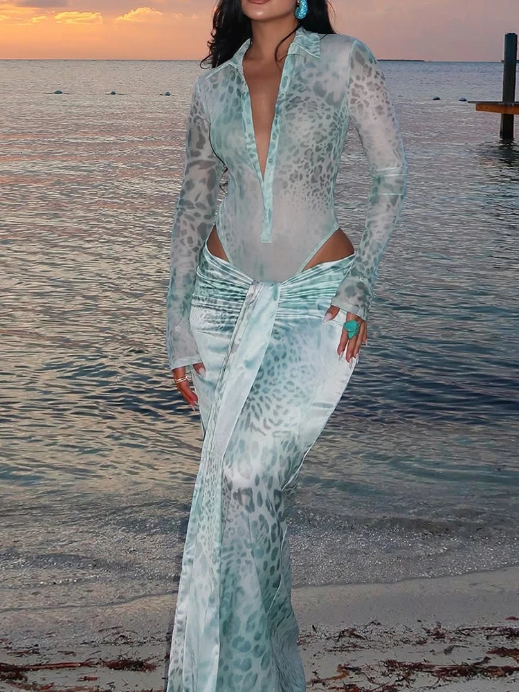 Sisterlinda Aesthetic Print 2 Piece Trend Attractive Full Sleeve Lapel Vneck BodysuitsRuched Maxi Skirts Mujer Vacation Sets 250730