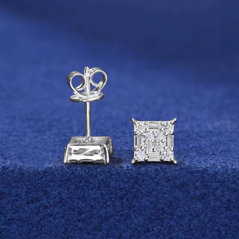 Wholesale Rapper 925 Sterling Silver Waterproof Baguette Moissanite Square Shaped Stud Earring Hip Hop Party Jewelry