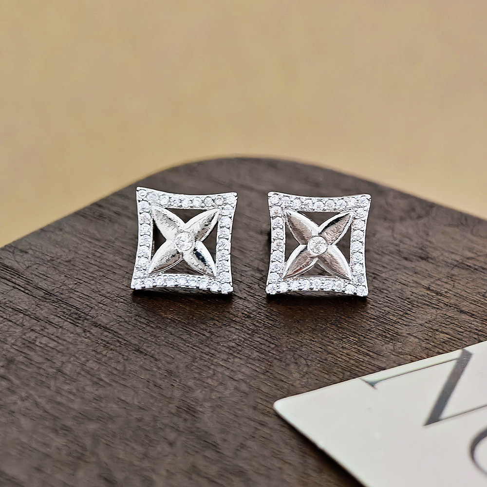 Simple Elegant Socialite Sweet Square Floral Zircon Copper Earrings Jewelry e7644