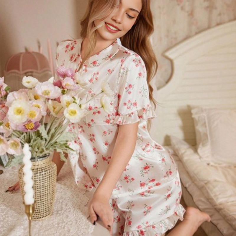 2025 New Women's Spring/Summer Silk Satin Country Style Floral Lace Short Sleeve Short Pants Pajama Set Homewear